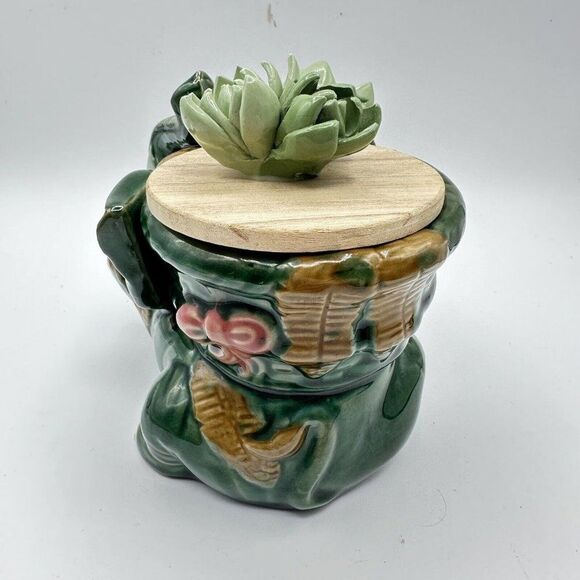 Elephant Succulent Planter Vtg Green Lucky Trunks Up Bamboo MCM Candle Holder - Picture 4 of 9